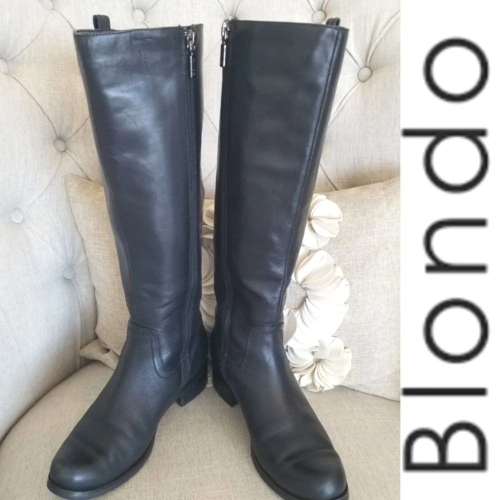 Blondo Black Tall Leather Riding Boot Side Zip Round Toe Block Heel Waterproof